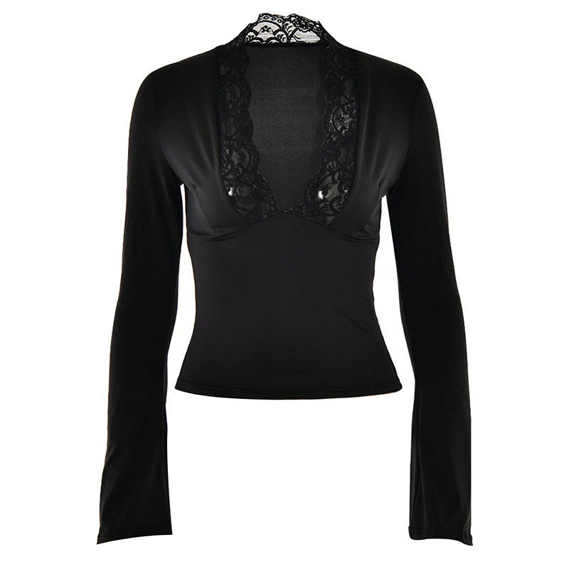 Slim Fit Long Sleeve Top with Deep V-Neck and Lace Trim