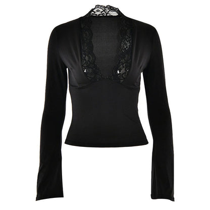Slim Fit Long Sleeve Top with Deep V-Neck and Lace Trim