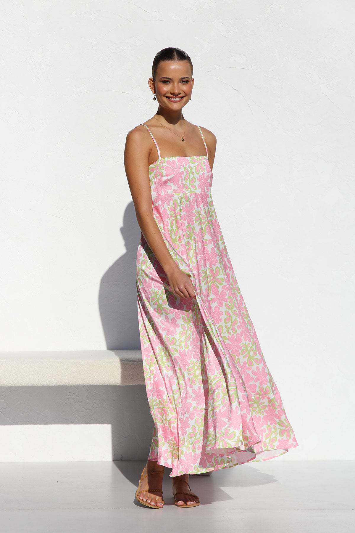 A-Line Maxi Dress with Abstract Print and Spaghetti Straps