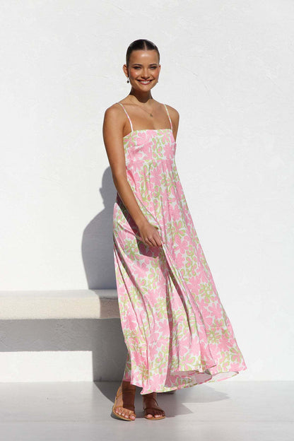 A-Line Maxi Dress with Abstract Print and Spaghetti Straps