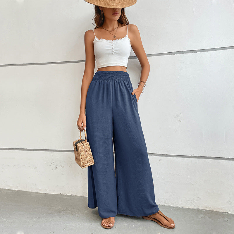 Casual Wide-Leg Trousers with High Smocked Waist