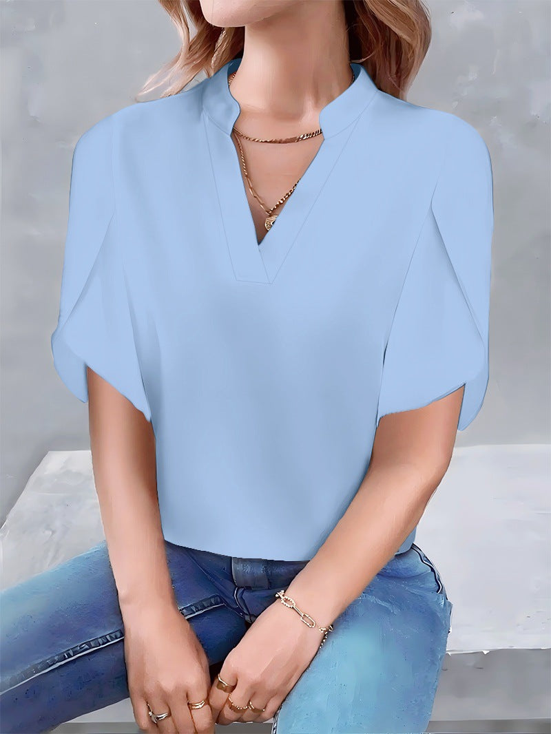 Solid Color V-Neck Blouse with Petal Sleeves