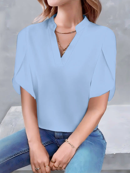 Solid Color V-Neck Blouse with Petal Sleeves