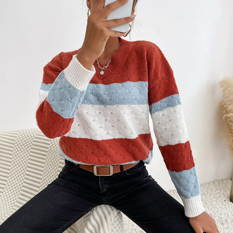 Loose Striped Knit Sweater with V-Neck