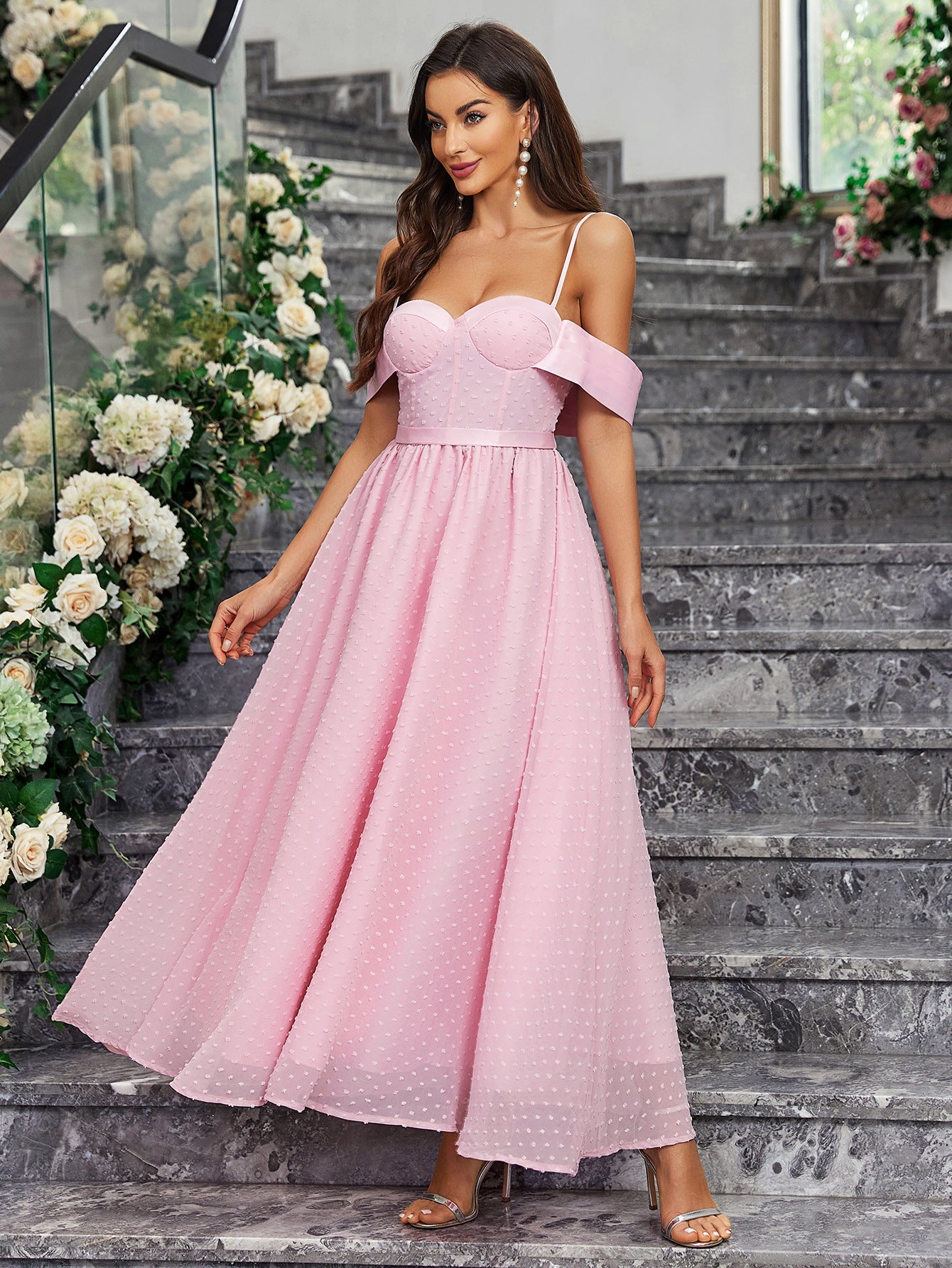 A-Line Maxi Dress with Sweetheart Bustier and Off-Shoulder Sleeves