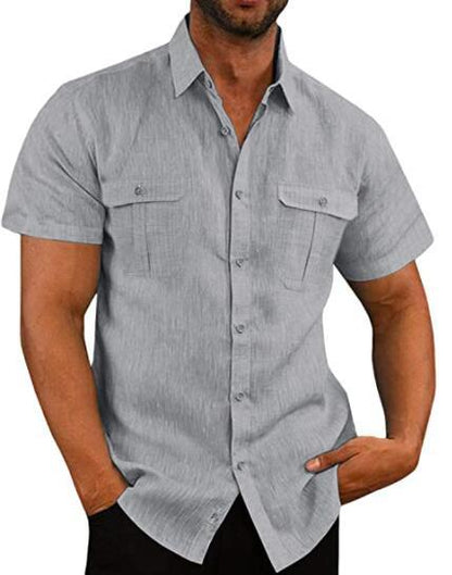 Solid Short Sleeve Linen Blend Shirt with Double Pockets