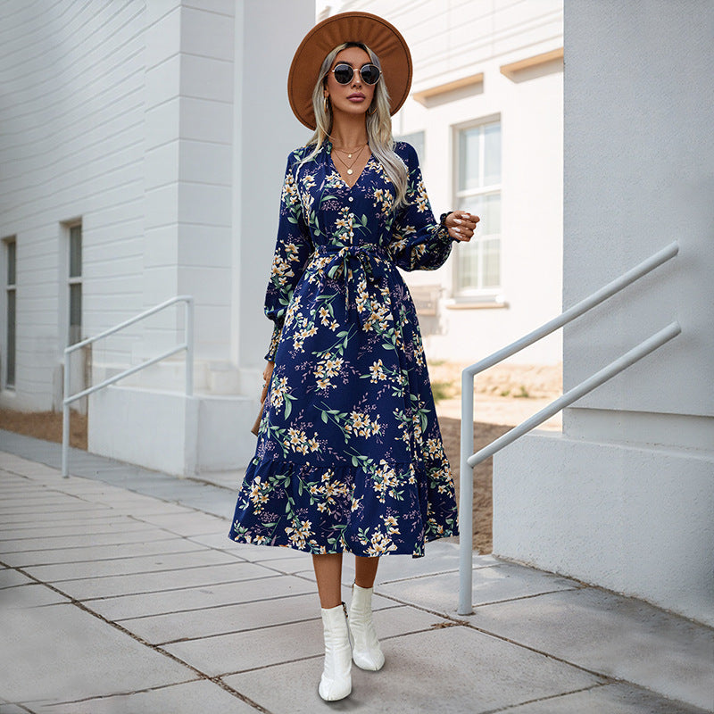 A-Line Floral Midi Dress with V-Neck and Tie-Waist