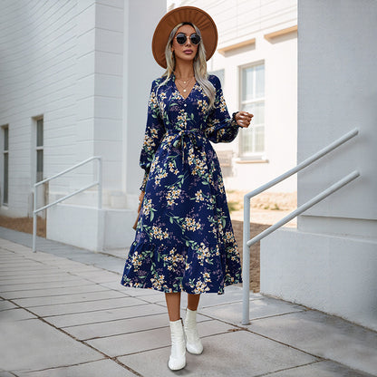 A-Line Floral Midi Dress with V-Neck and Tie-Waist
