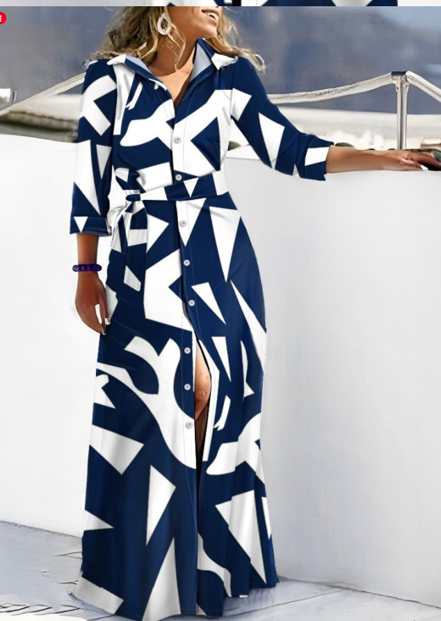 Wavy Striped Maxi Shirt Dress with V-Neck and Belt