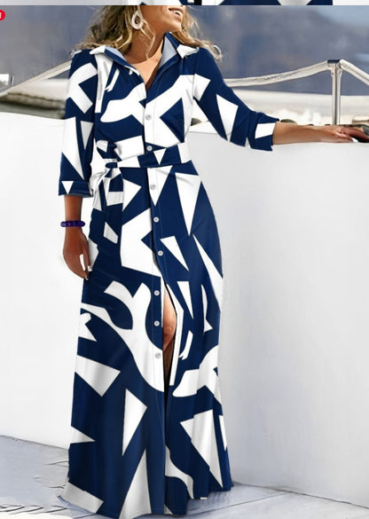 Wavy Striped Maxi Shirt Dress with V-Neck and Belt
