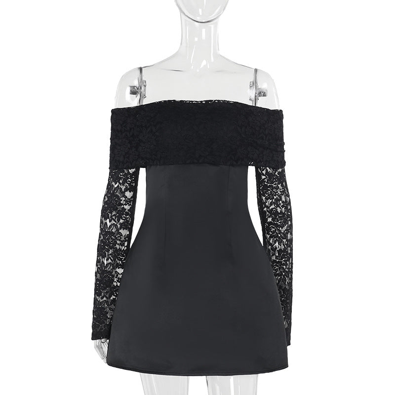 Elegant Slim Fit Lace Shoulder Dress Black