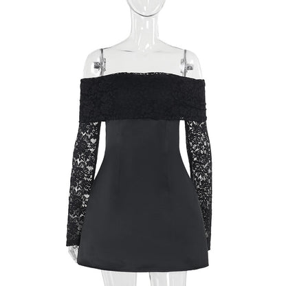 Elegant Slim Fit Lace Shoulder Dress Black