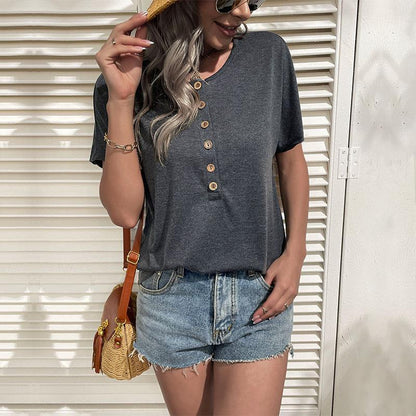 Loose Short-Sleeve Henley Top with Button Front
