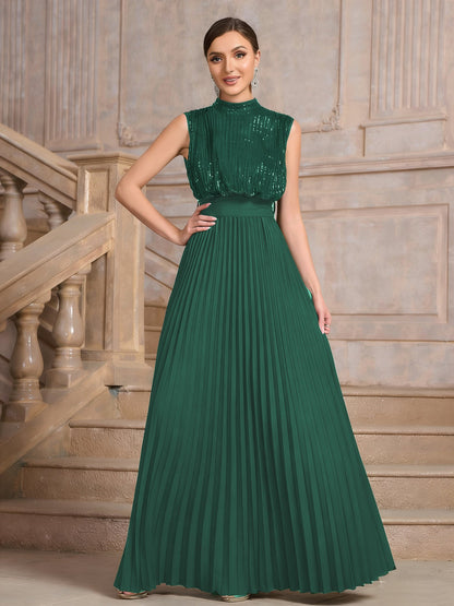 Sequined Maxi Dress with High Neck and Pleated Skirt