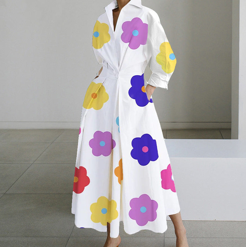 Polka Dot Maxi Shirt Dress with Nine-Quarter Sleeves