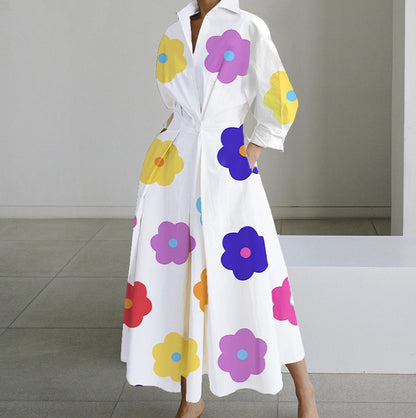 Polka Dot Maxi Shirt Dress with Nine-Quarter Sleeves