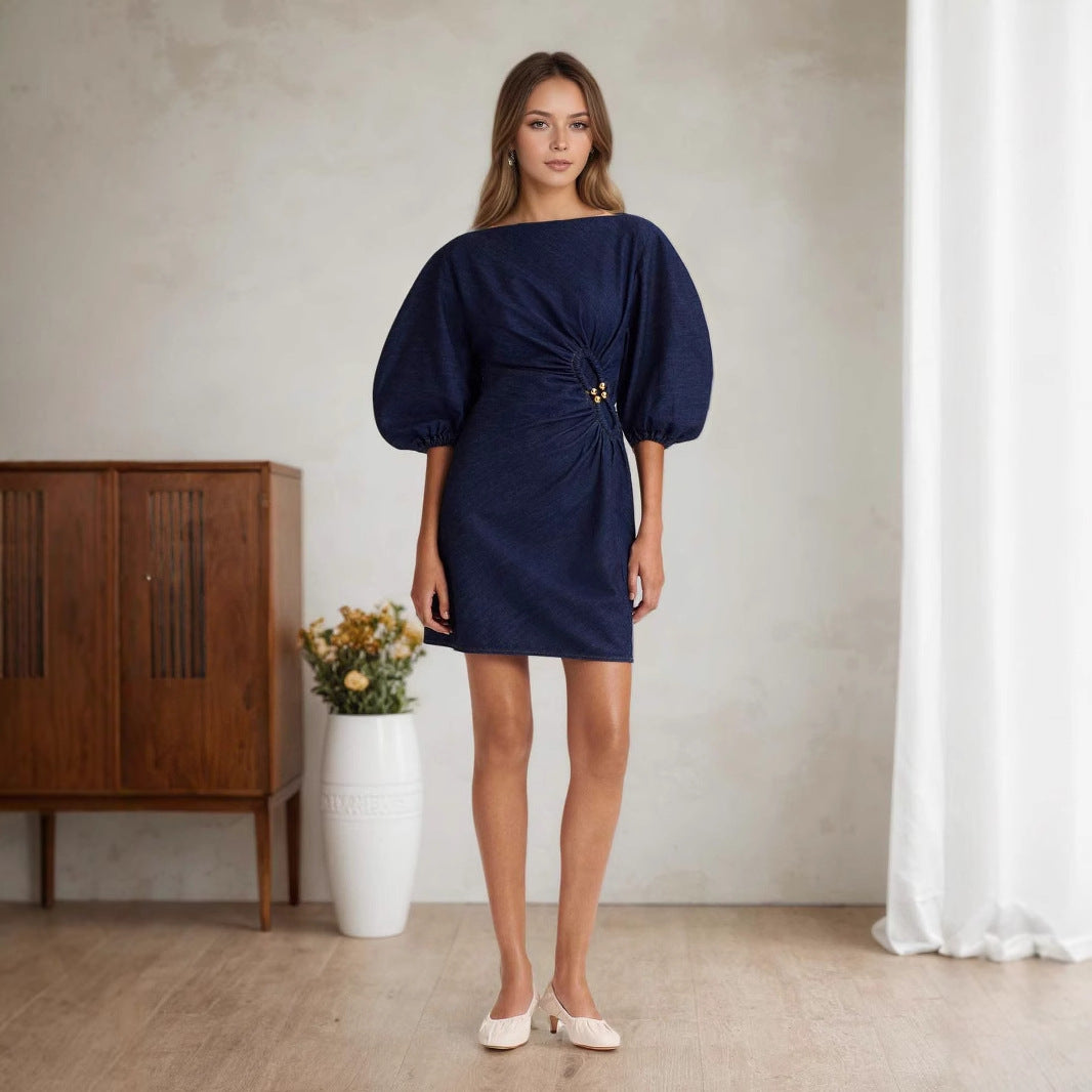 Boat Neck Mini Dress with Puff Sleeves and Ruched Waist