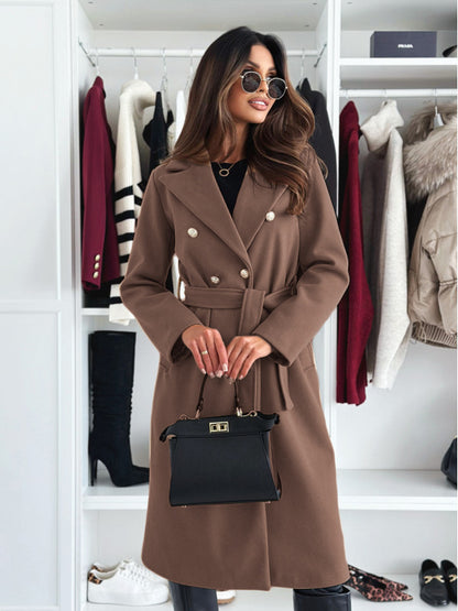Double-Breasted Midi Coat with Suit Collar and Tie Belt