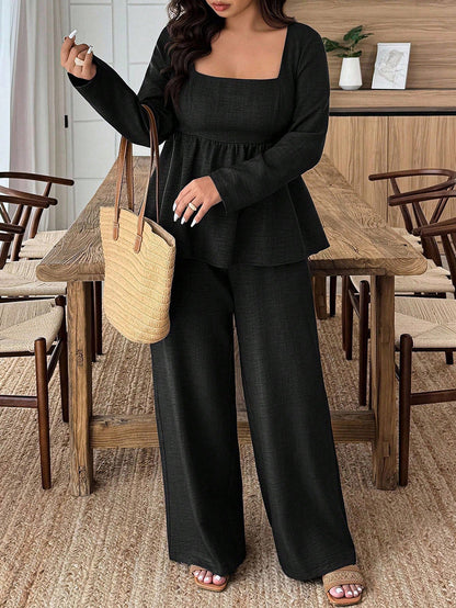 Peplum Pants Set with Square Neck and Wide-Leg Trousers