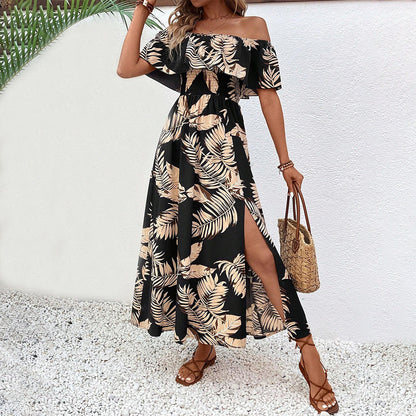 Tropical Print Off-the-Shoulder Maxi Dress with Smocked Waist