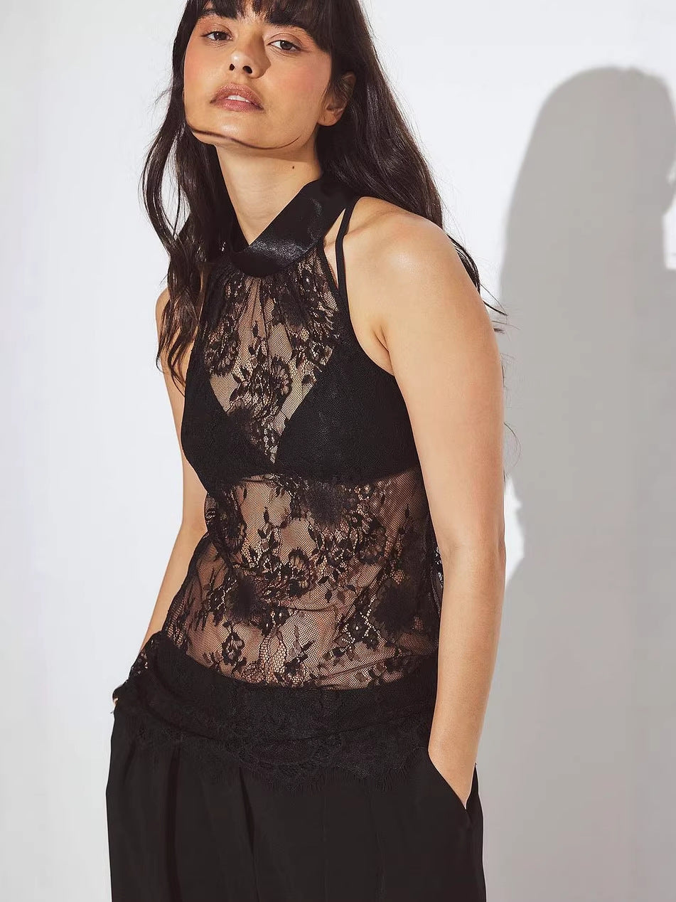 Slim Fit Lace Halter Top with High Neck and Backless Detail