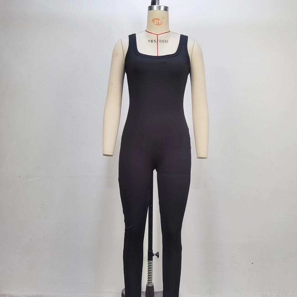 Sleeveless Ribbed Bodycon Jumpsuit with Square Neckline