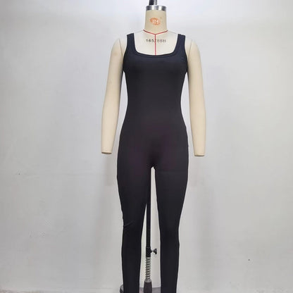 Sleeveless Ribbed Bodycon Jumpsuit with Square Neckline