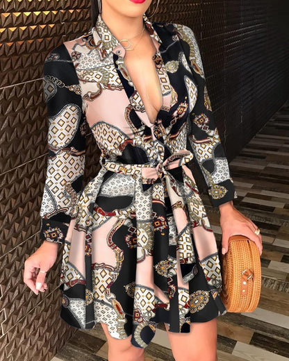 Printed A-Line Mini Dress with V-Neck and Tie-Waist