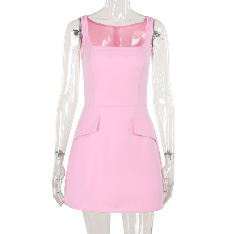 Elegant Slim Fit Square Collar Strap Dress Hip Length