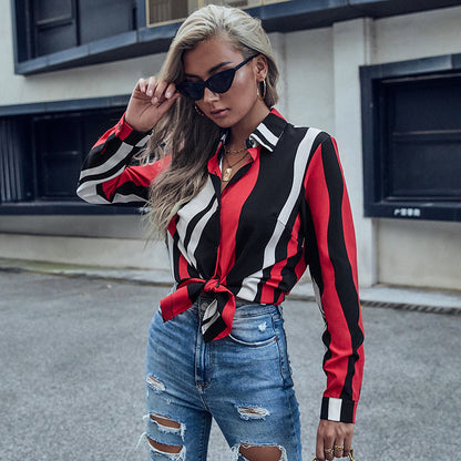 Oversized Striped Button-Down Shirt with Turn-Down Collar