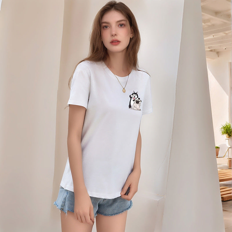 Loose Fit Round Neck T-Shirt with Cartoon Dog Print