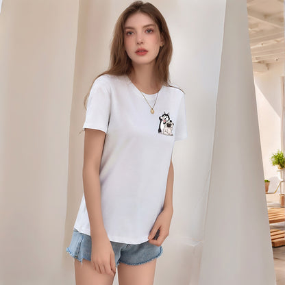 Loose Fit Round Neck T-Shirt with Cartoon Dog Print