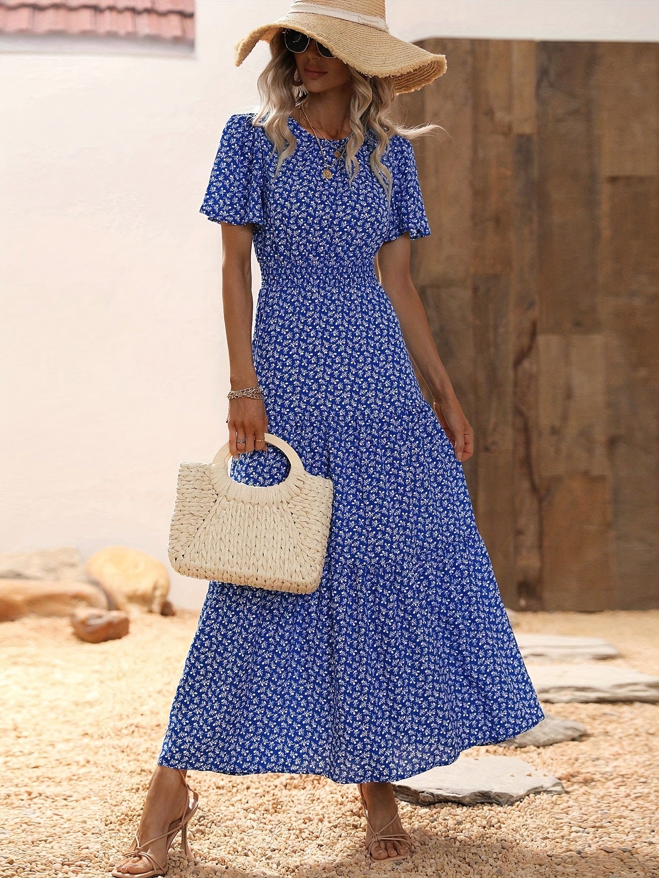 Floral Tiered Maxi Dress with Smocked Waist and Flutter Sleeves