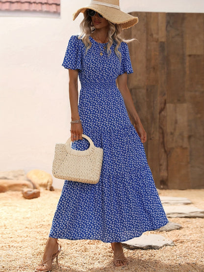 Floral Tiered Maxi Dress with Smocked Waist and Flutter Sleeves