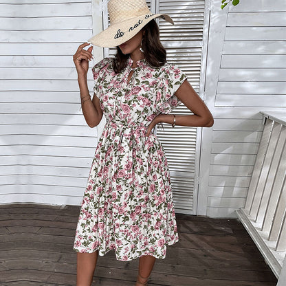 Floral A-Line Midi Dress with Stand Collar and Ruffle Sleeves
