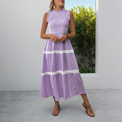 Striped A-Line Midi Dress with Smocked Bodice and Lace Trim