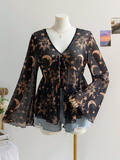 Sheer Printed V-Neck Top with Tie-Front and Bell Sleeves