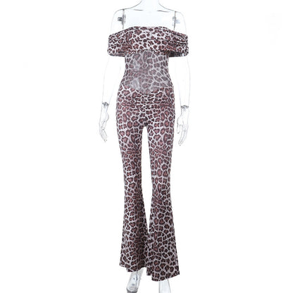 Leopard Print Bodycon Jumpsuit with Off-the-Shoulder Ruched Bodice