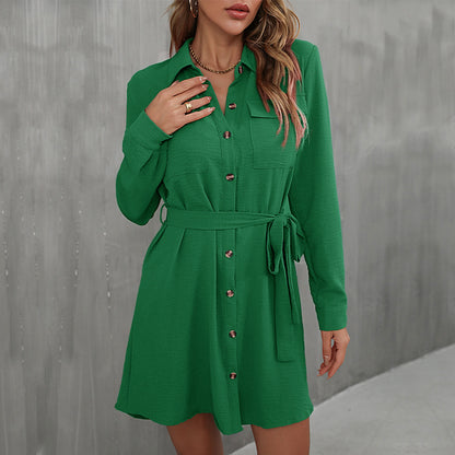 A-Line Shirt Dress with Tie Waist and Button Front