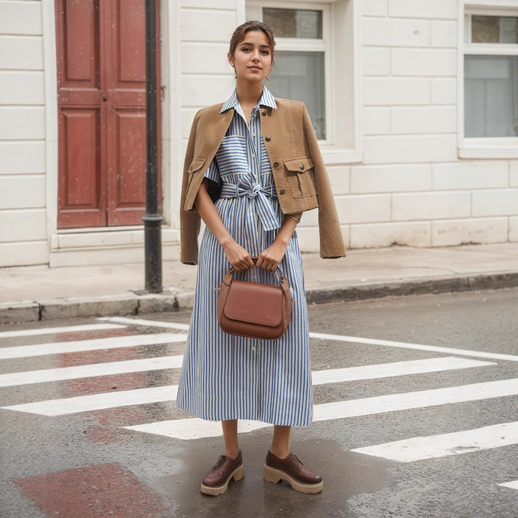 Striped Midi Shirt Dress with Tie Waist