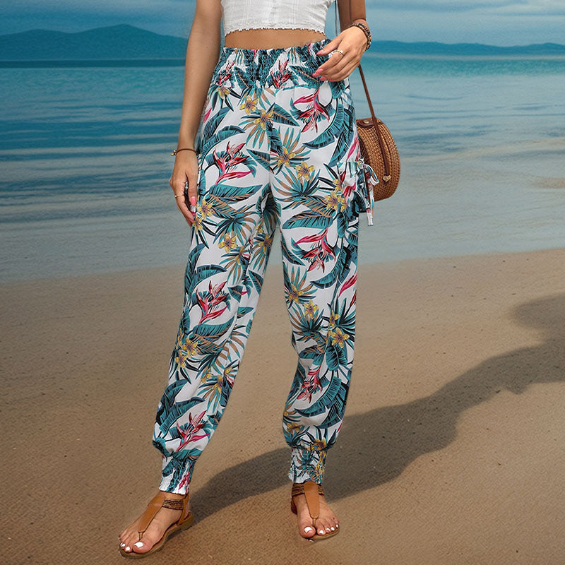 Tropical Print Cargo Pants with Shirred Waist