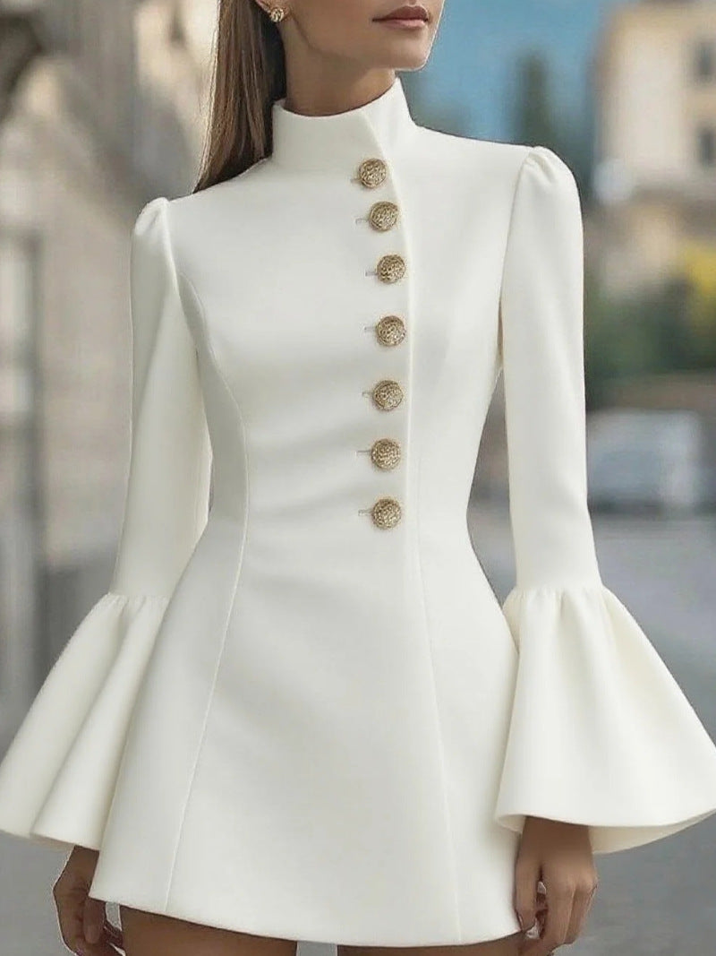 Mini Coat Dress with Stand Collar and Bell Sleeves