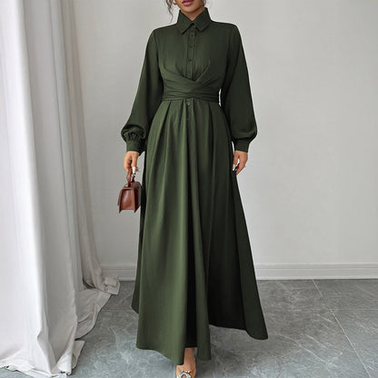 A-Line Long Dress with Lapel Collar and Pleated Wrap Waist
