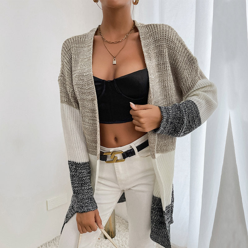 Color-Blocked Mid-Length Knit Cardigan with Open Front
