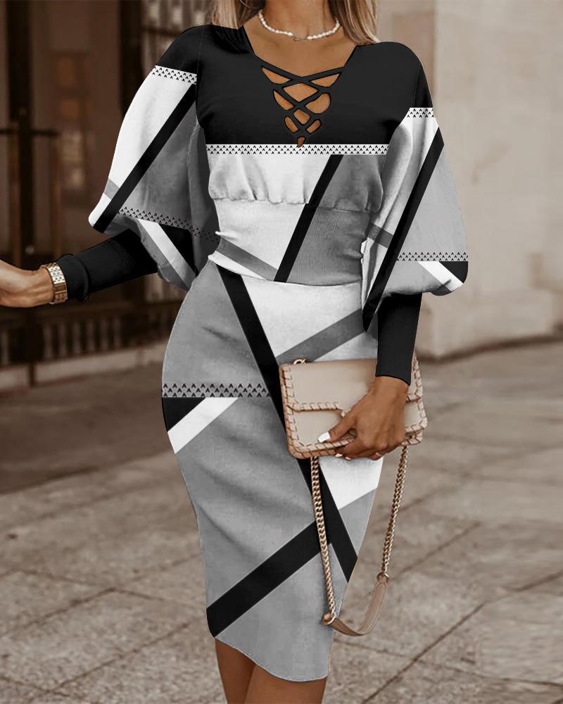 Geometric Print Sheath Dress with Lace-Up V-Neck and Dolman Sleeves
