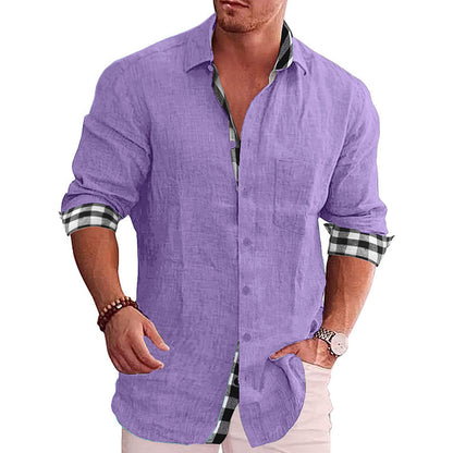 Long Sleeve Button-Down Shirt with Plaid Contrast