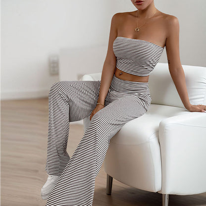 Striped Tube Top and Wide-Leg Pants Set