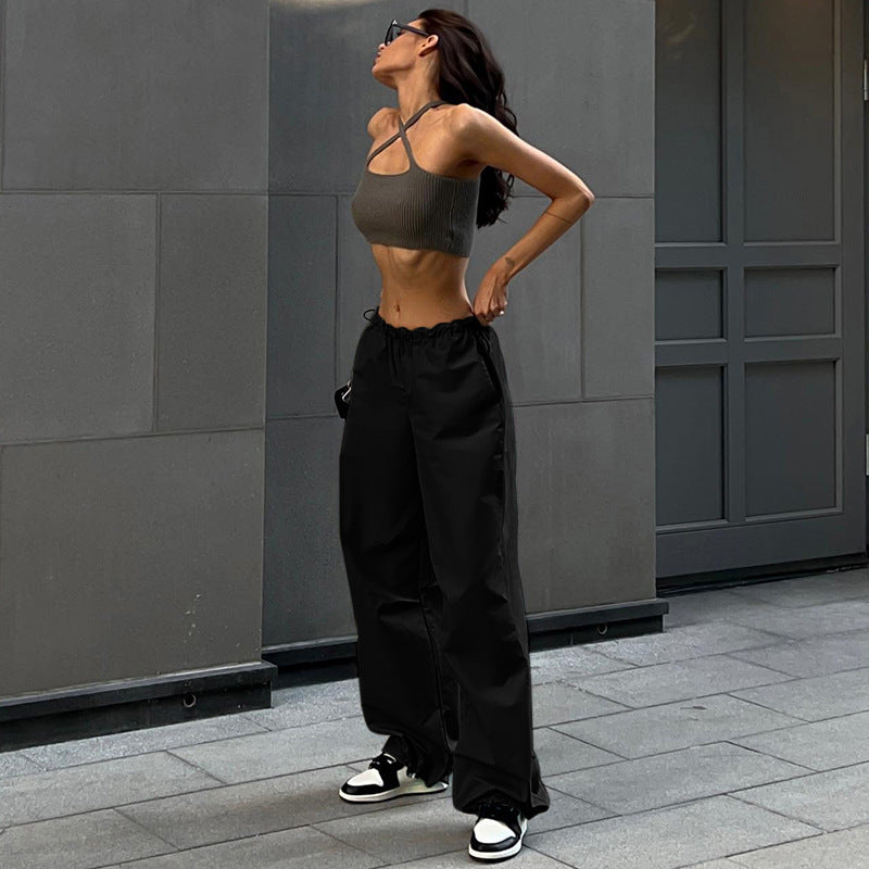 Loose Parachute Trousers with Drawstring Waist and Cuffs