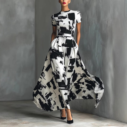 Abstract Brushstroke Print Swing Dress with High Waist