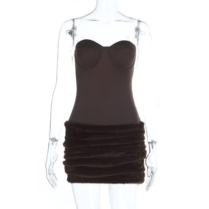 Sleeveless Low-Collar Tube Dress With Splicing Solid Color
